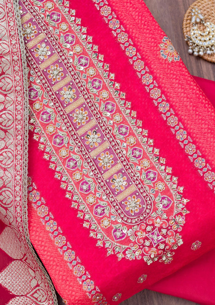 Red Cutdana Tissue Unstitched Salwar Suit-Koskii