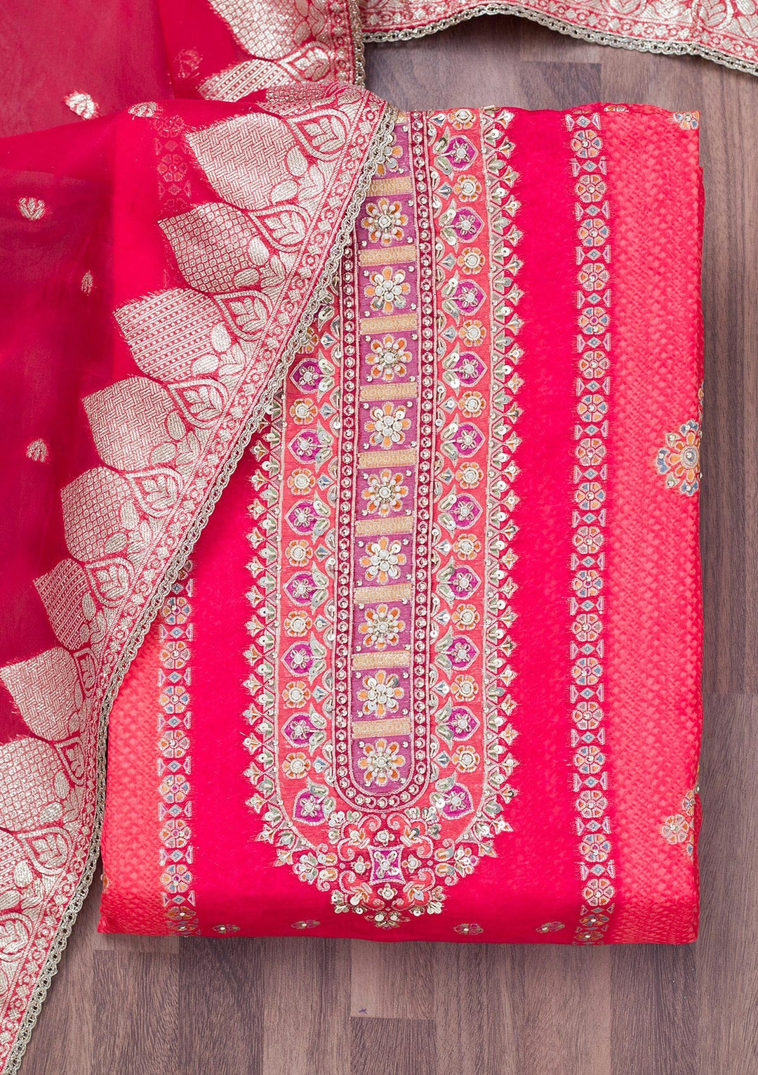 Red Cutdana Tissue Unstitched Salwar Suit-Koskii