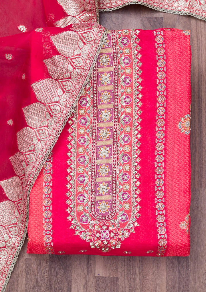 Red Cutdana Tissue Unstitched Salwar Suit-Koskii