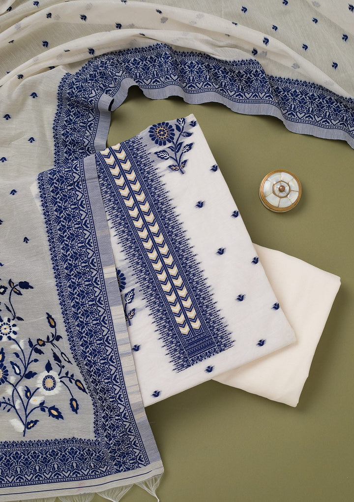 Cream Threadwork Linen Unstitched Salwar Suit-koskii