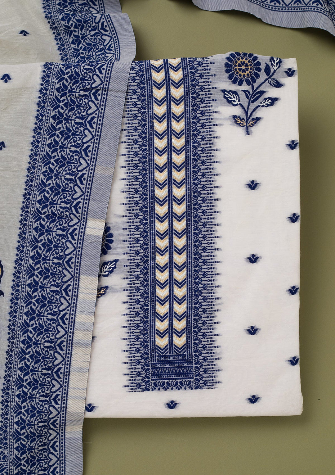 Cream Threadwork Linen Unstitched Salwar Suit-koskii