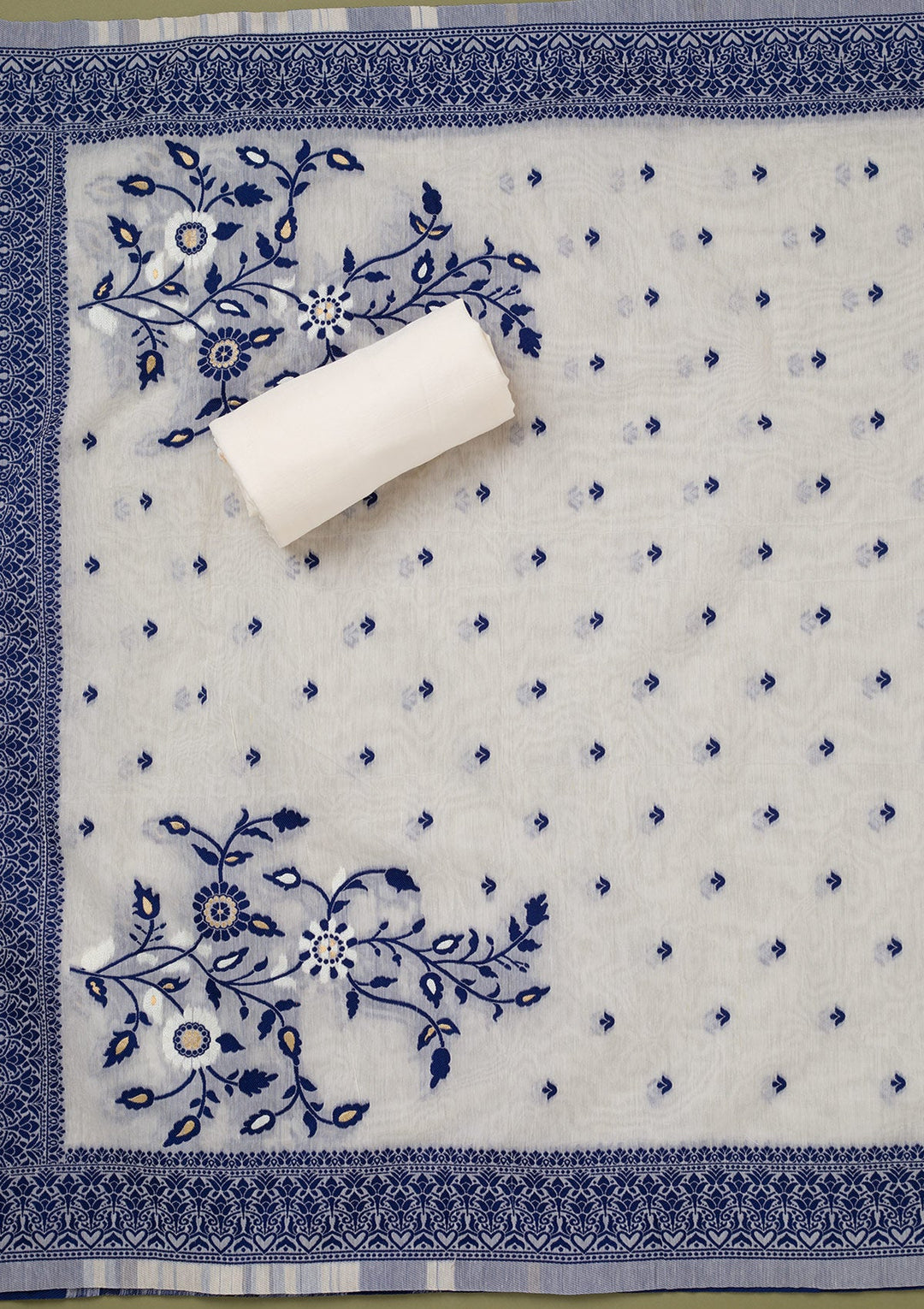 Cream Threadwork Linen Unstitched Salwar Suit-koskii