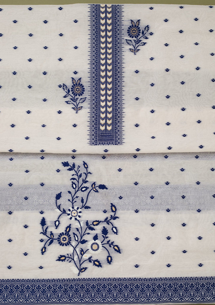 Cream Threadwork Linen Unstitched Salwar Suit-koskii