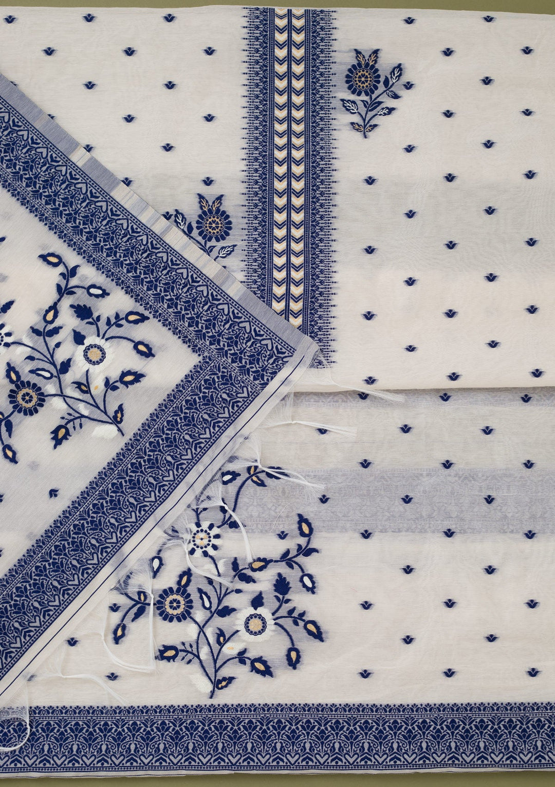 Cream Threadwork Linen Unstitched Salwar Suit-koskii