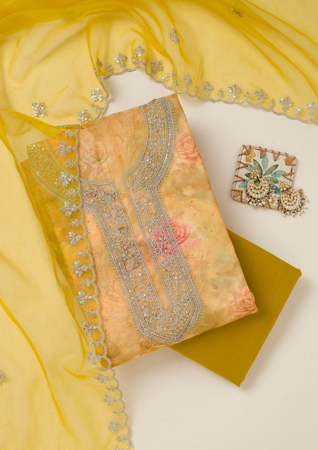 Mustard Zariwork Organza Unstitched Salwar Suit-koskii
