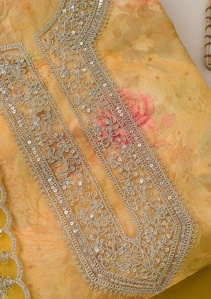 Mustard Zariwork Organza Unstitched Salwar Suit-koskii