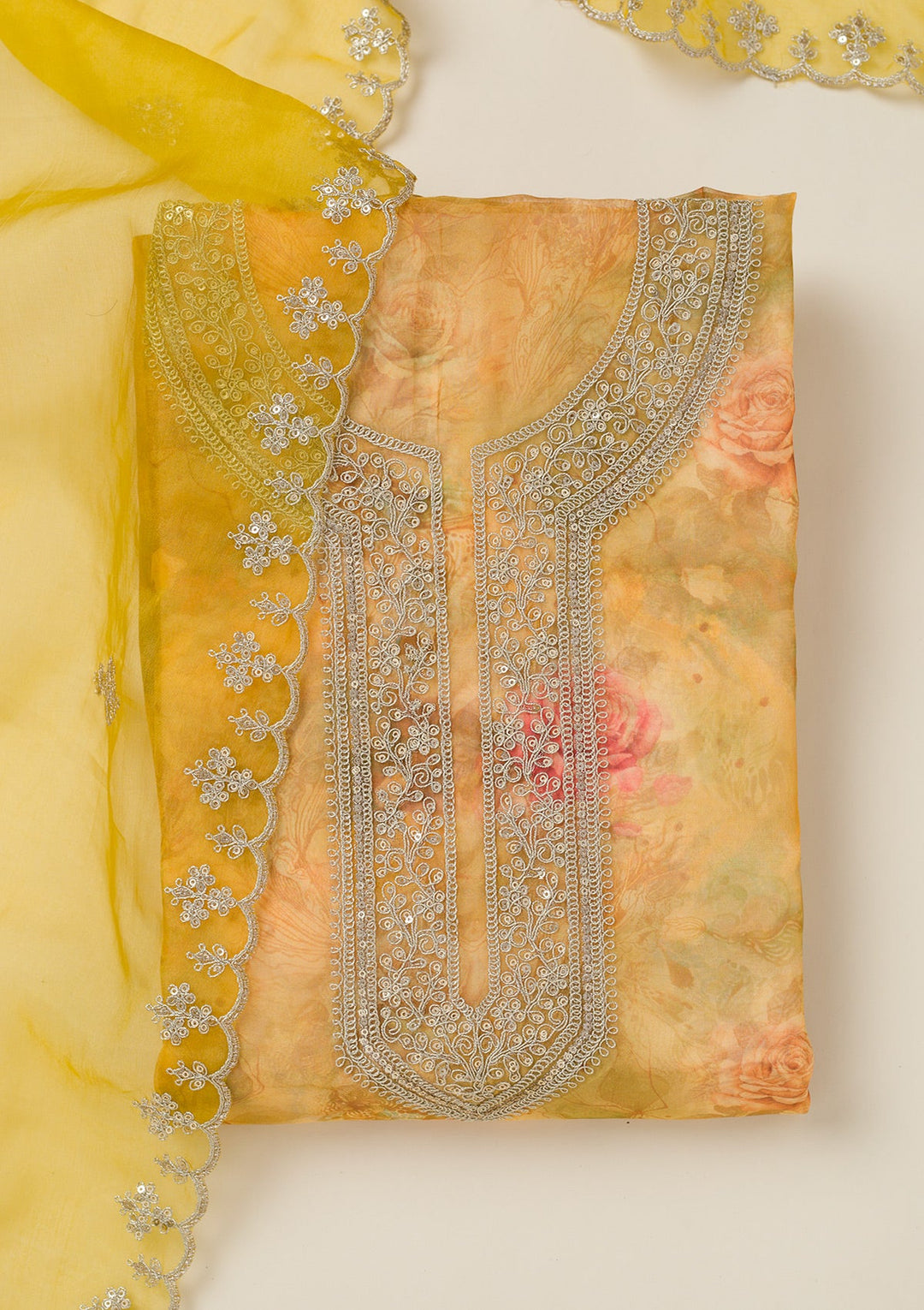 Mustard Zariwork Organza Unstitched Salwar Suit-koskii