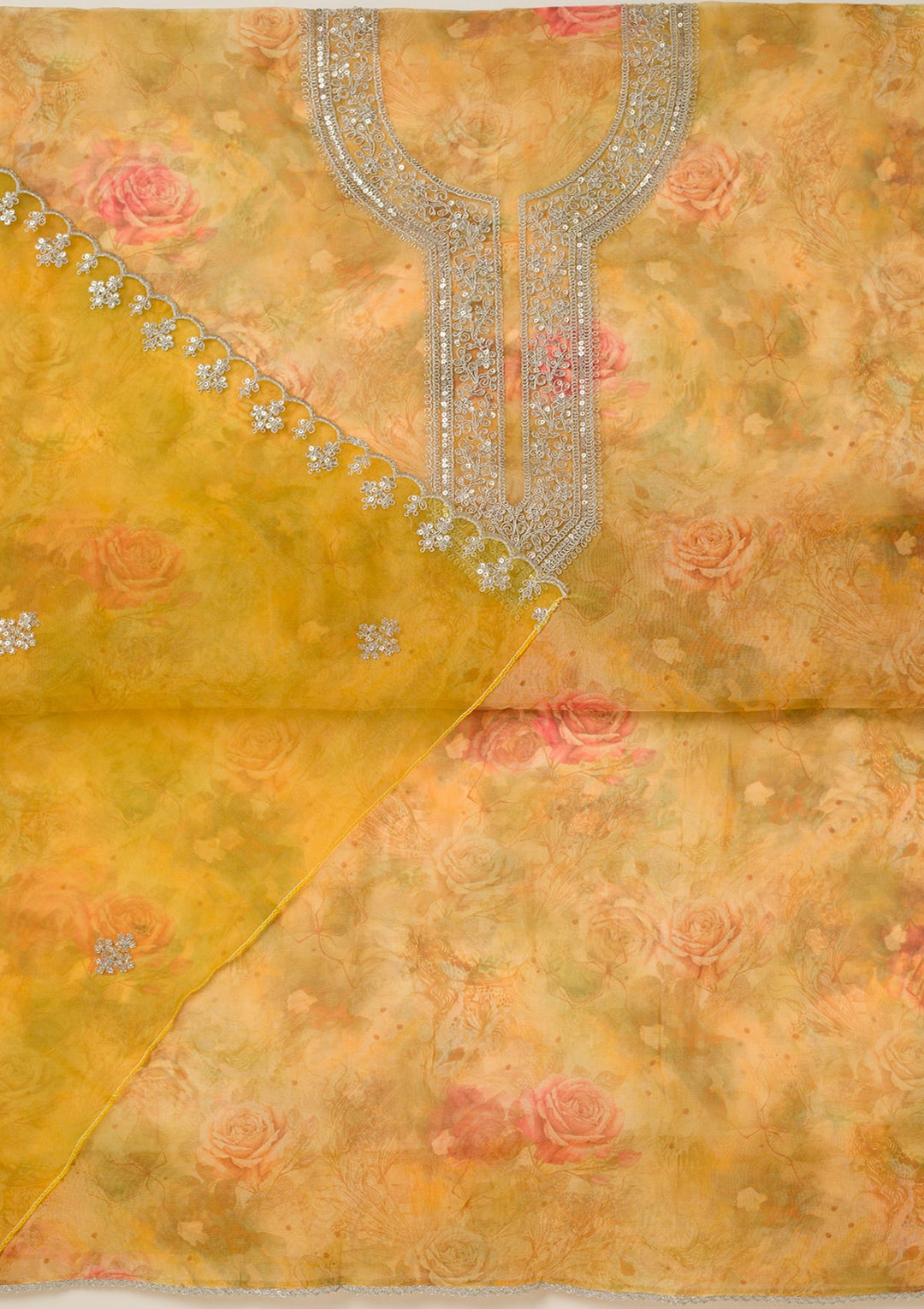 Mustard Zariwork Organza Unstitched Salwar Suit-koskii