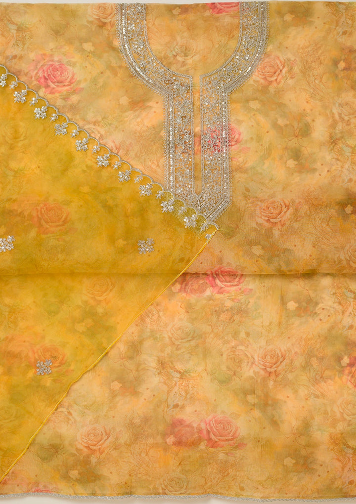 Mustard Zariwork Organza Unstitched Salwar Suit-koskii