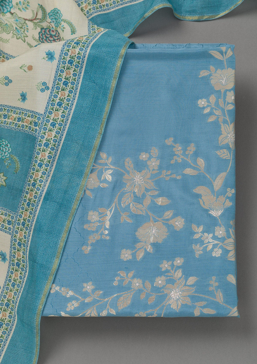 Sky Blue Zariwork Art Silk Unstitched Salwar Suit- koskii