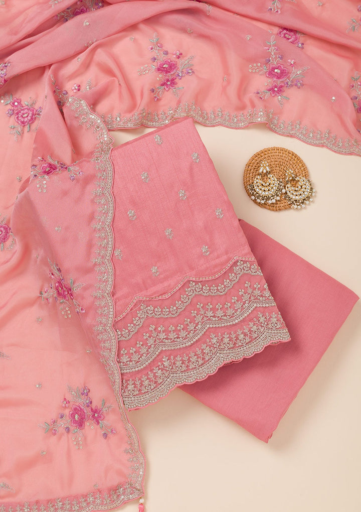 Peach Cording Soft Raw Silk Unstitched Salwar Suit- koskii