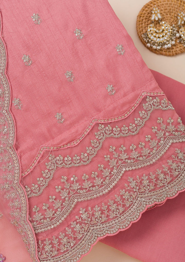 Peach Cording Soft Raw Silk Unstitched Salwar Suit- koskii