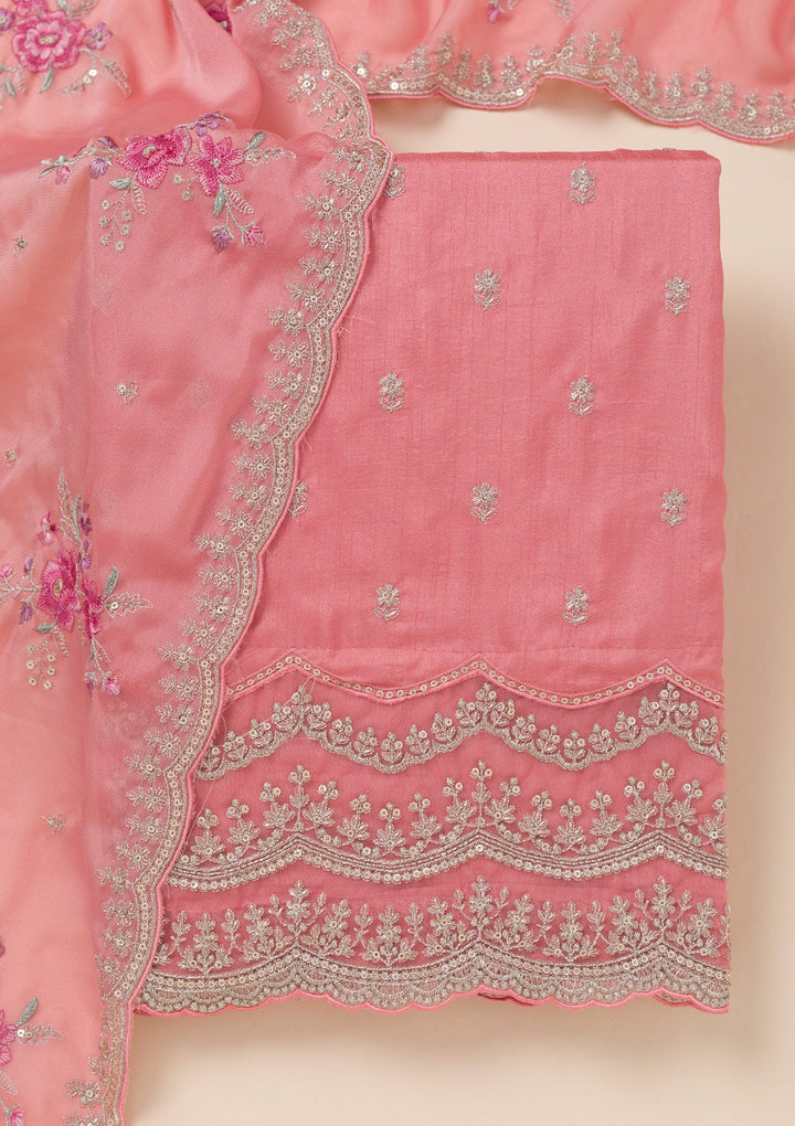 Peach Cording Soft Raw Silk Unstitched Salwar Suit- koskii