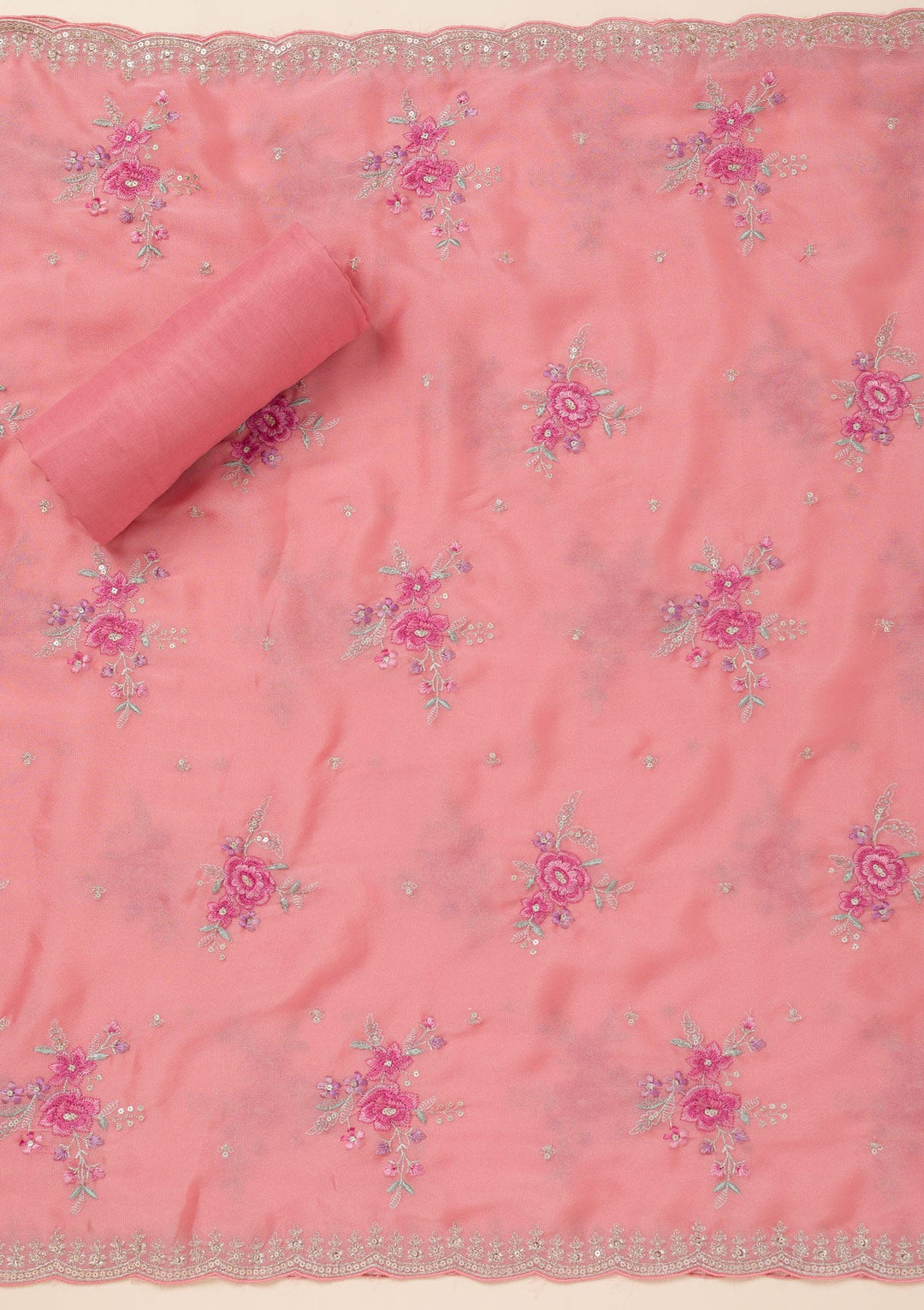 Peach Cording Soft Raw Silk Unstitched Salwar Suit- koskii