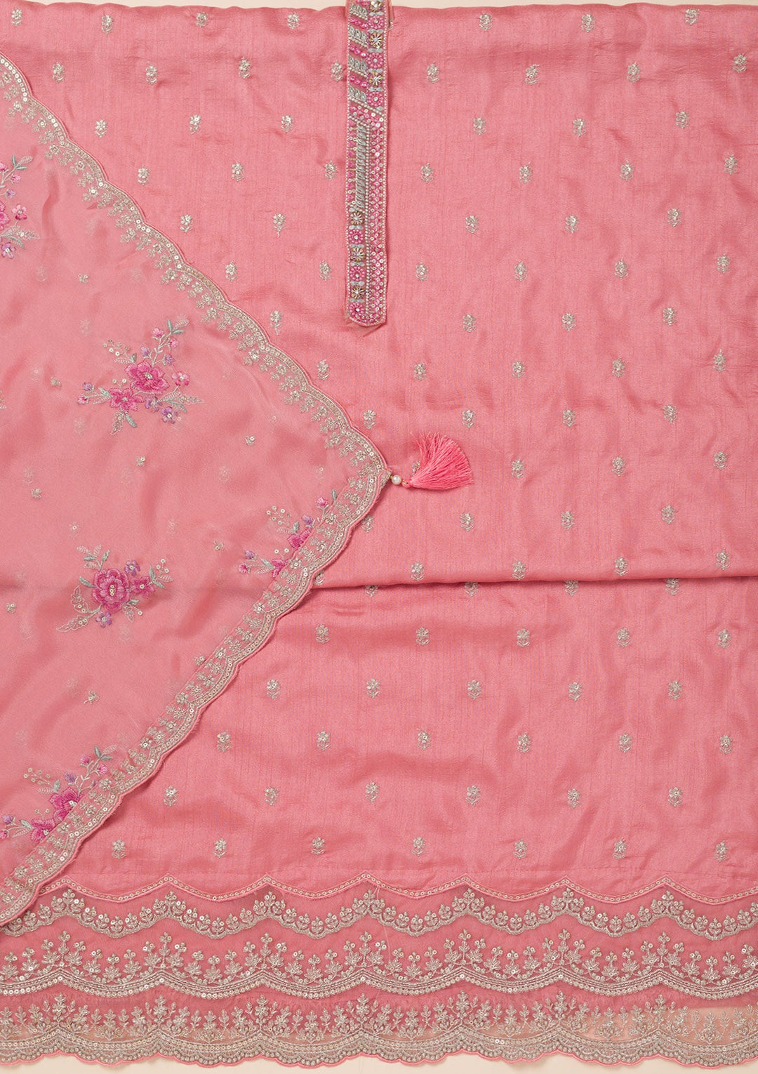 Peach Cording Soft Raw Silk Unstitched Salwar Suit- koskii