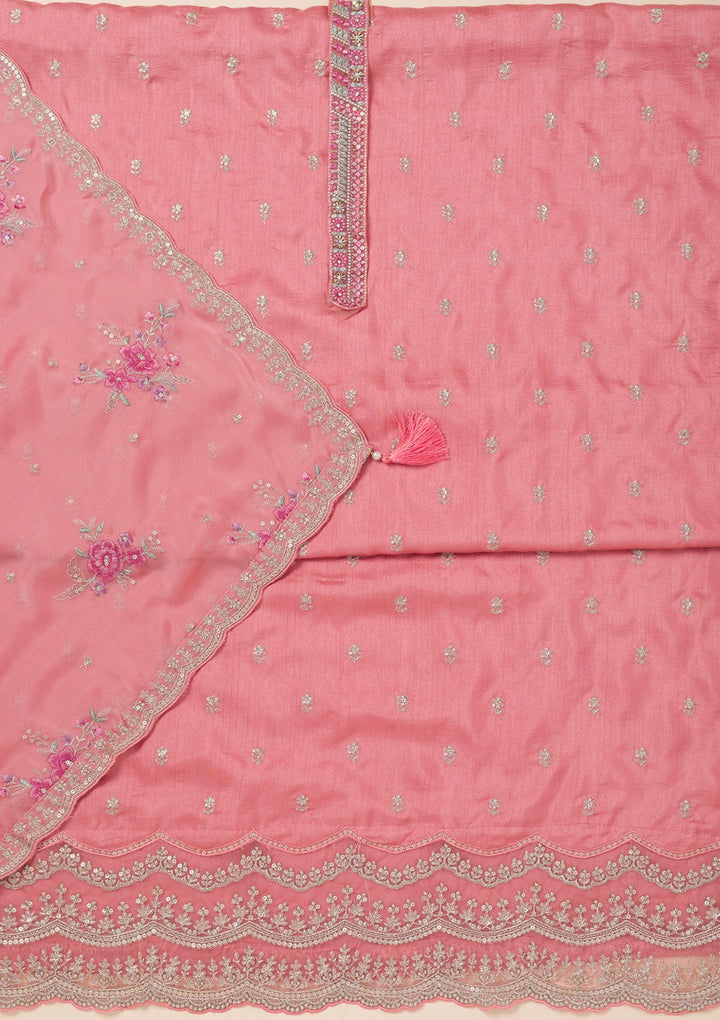 Peach Cording Soft Raw Silk Unstitched Salwar Suit- koskii