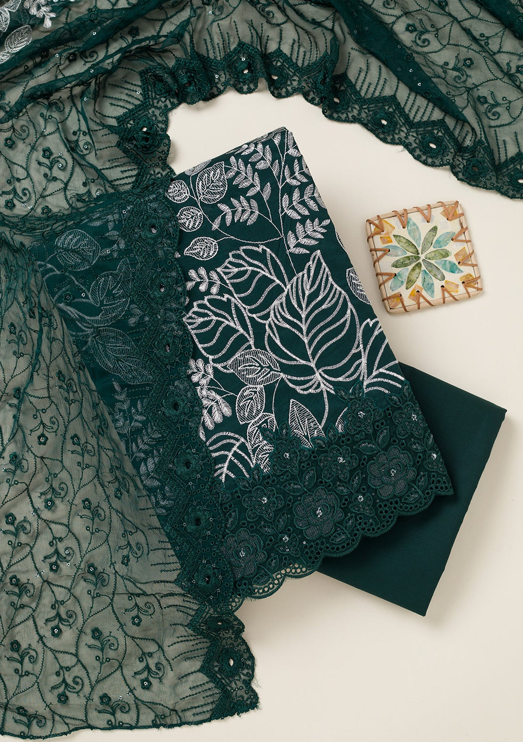 Bottle Green Threadwork Cotton Unstitched Salwar Suit-koskii