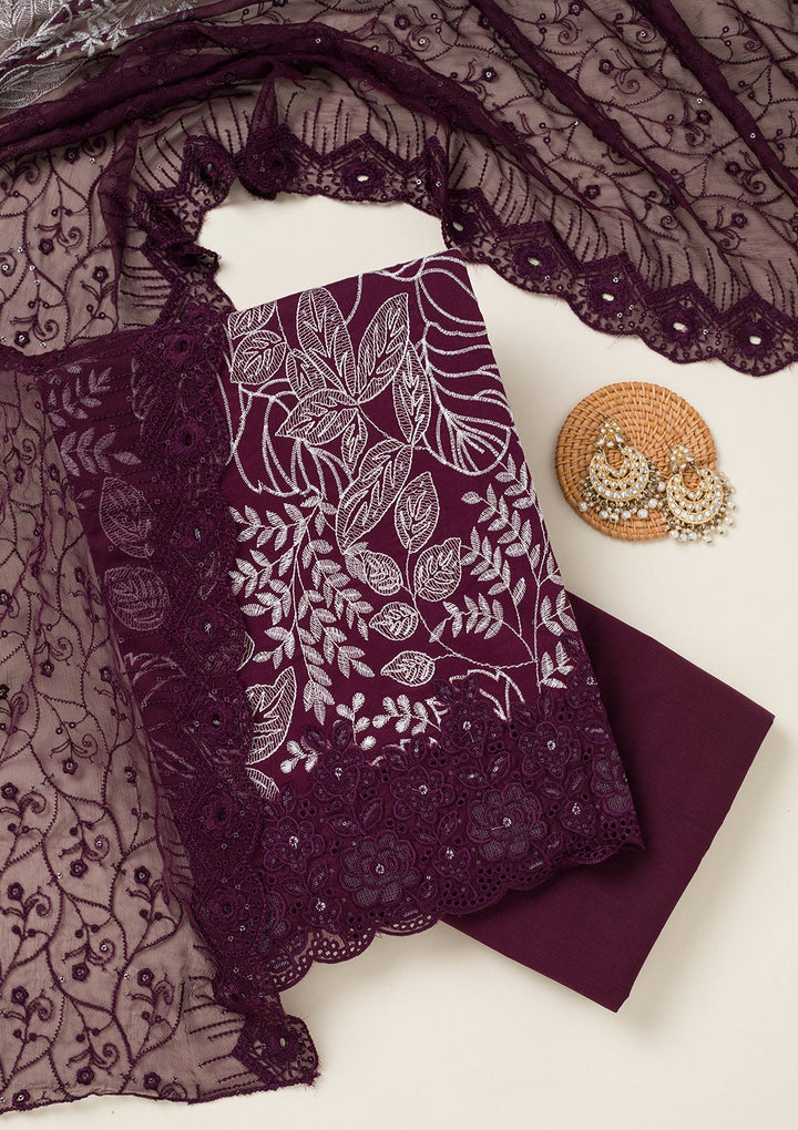 Wine Threadwork Cotton Unstitched Salwar Suit-koskii