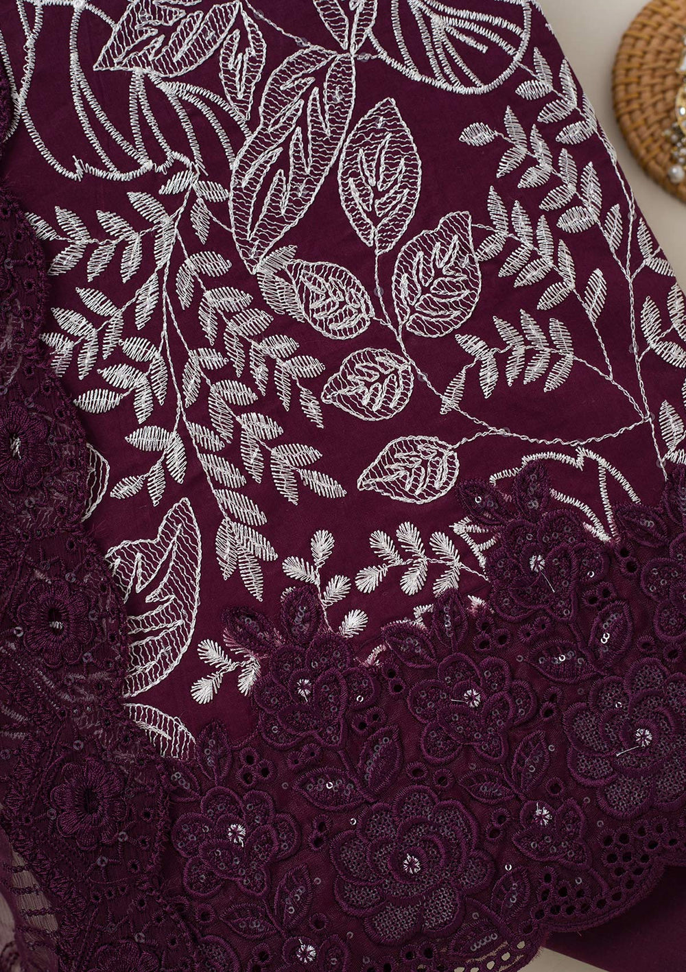 Wine Threadwork Cotton Unstitched Salwar Suit-koskii