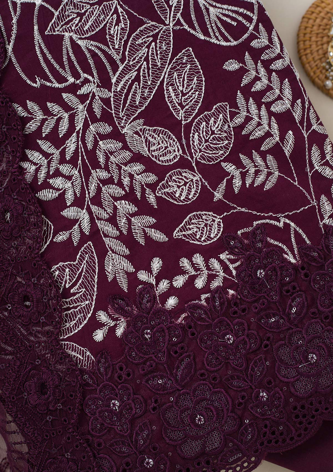 Wine Threadwork Cotton Unstitched Salwar Suit-koskii