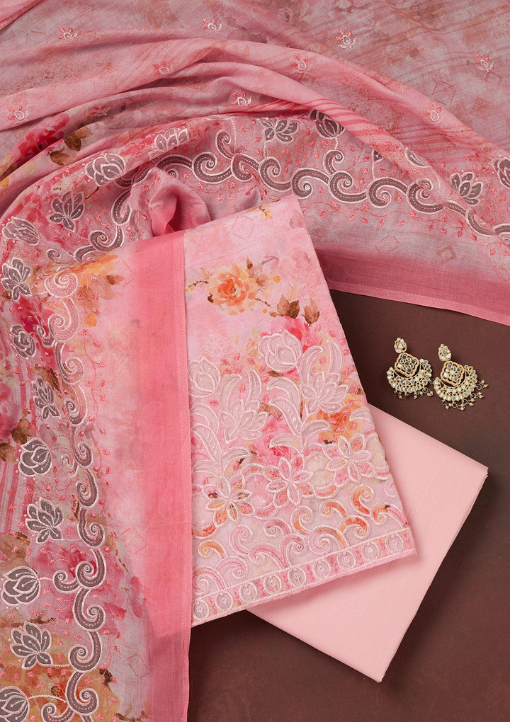 Pink Threadwork Linen Unstitched Salwar Suit-koskii