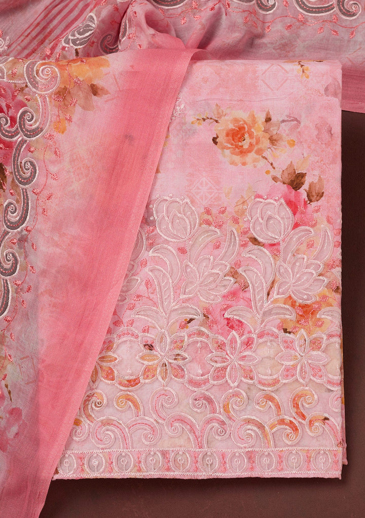 Pink Threadwork Linen Unstitched Salwar Suit-koskii