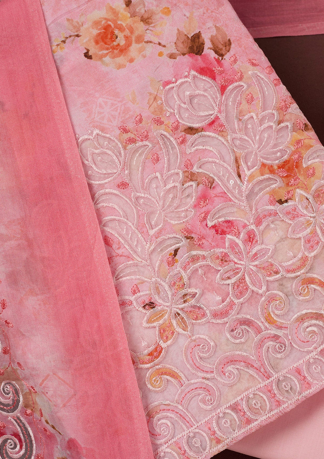Pink Threadwork Linen Unstitched Salwar Suit-koskii
