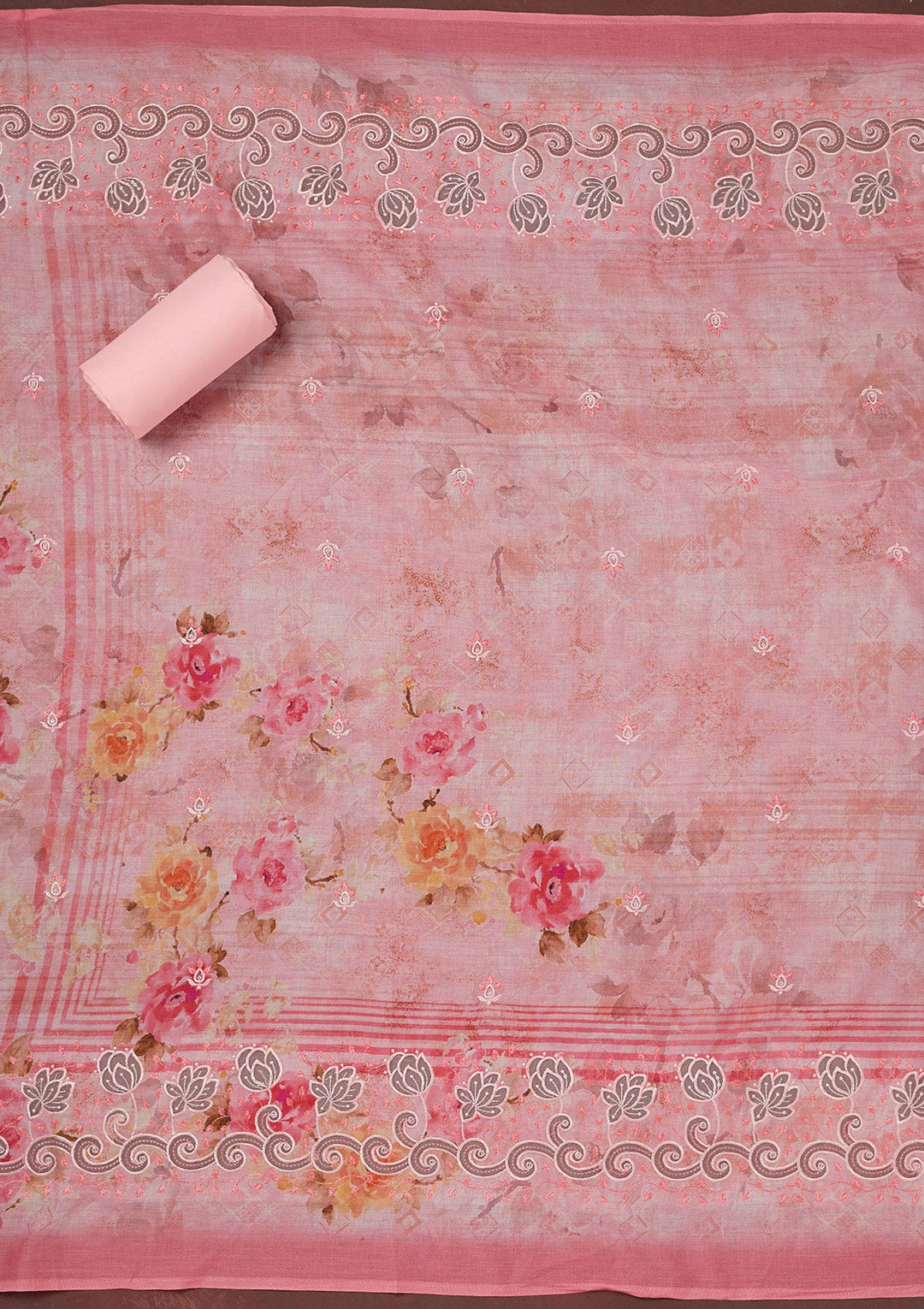 Pink Threadwork Linen Unstitched Salwar Suit-koskii