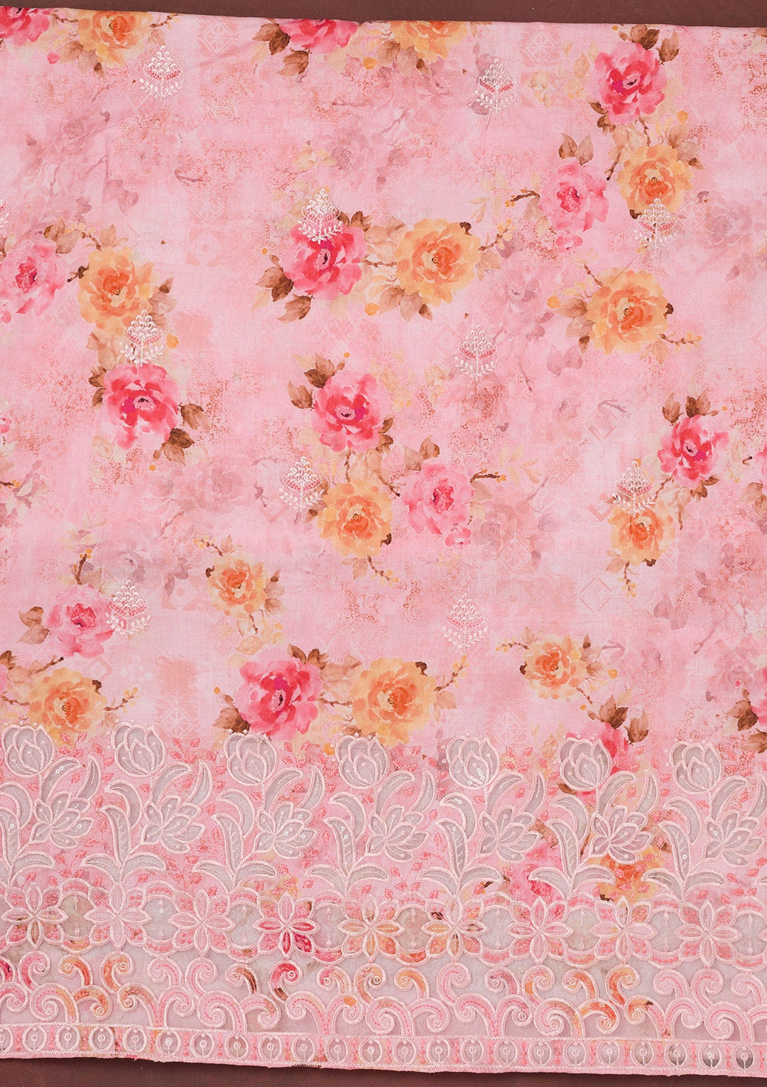 Pink Threadwork Linen Unstitched Salwar Suit-koskii