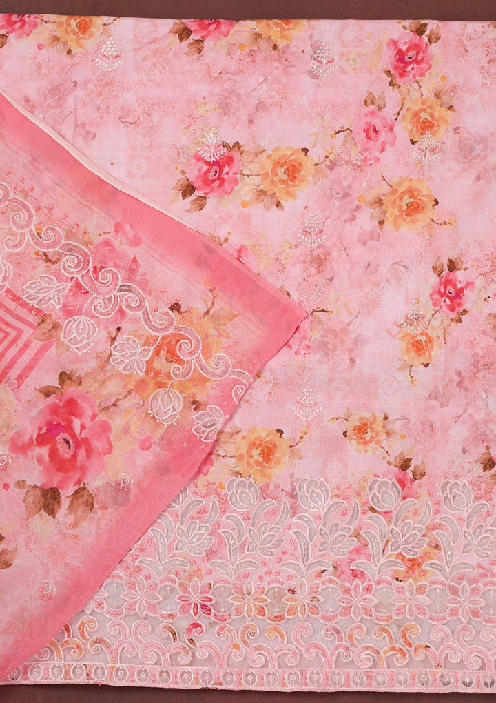 Pink Threadwork Linen Unstitched Salwar Suit-koskii