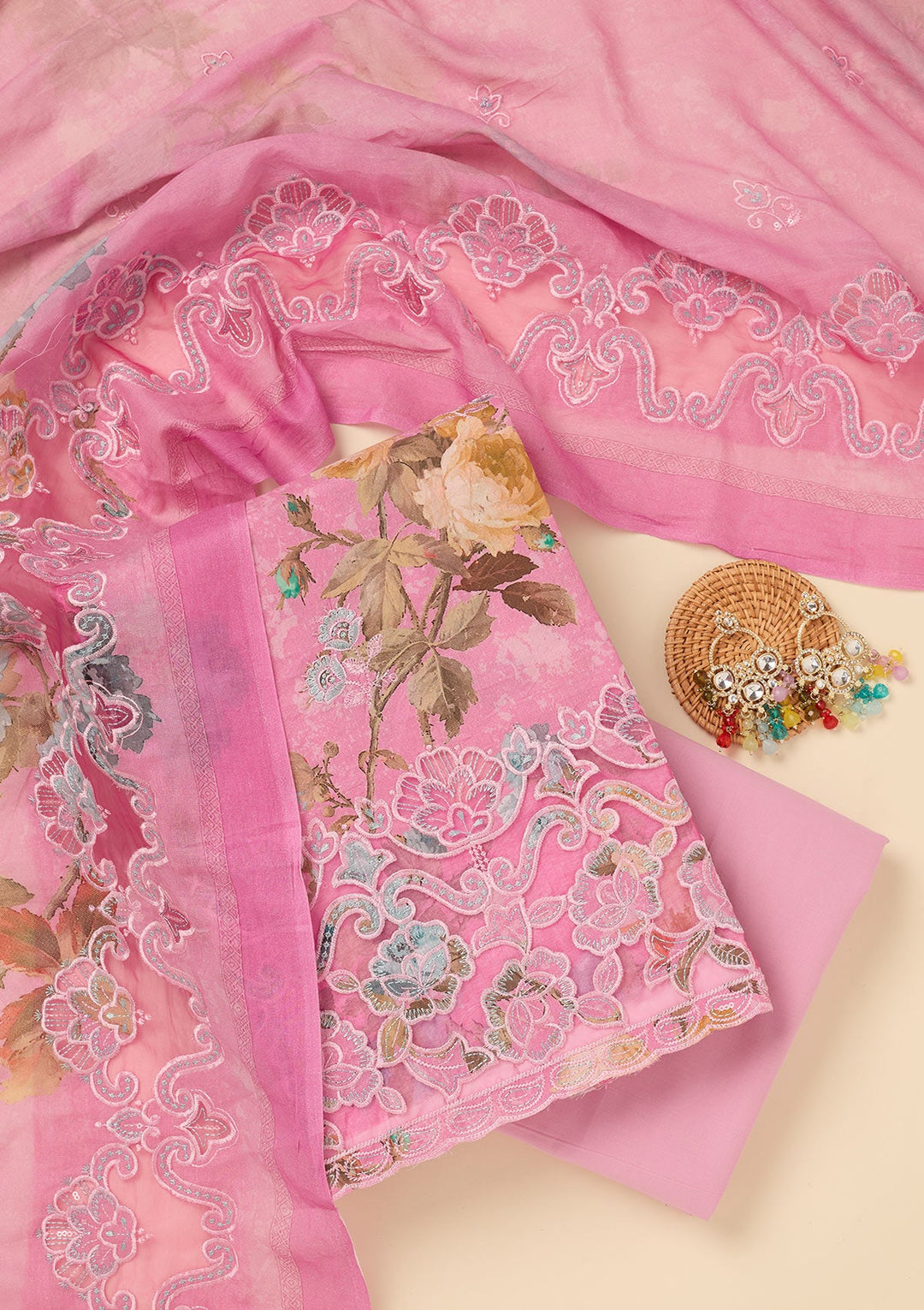 Onion Pink Threadwork Cotton Unstitched Salwar Suit-koskii