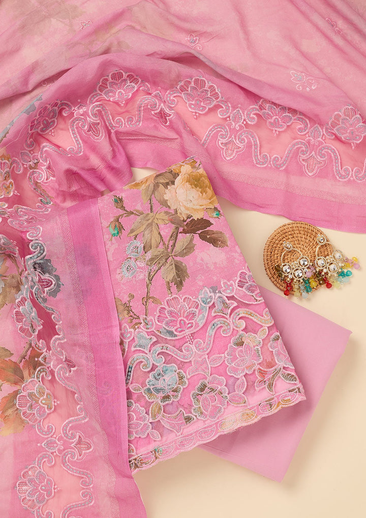 Onion Pink Threadwork Cotton Unstitched Salwar Suit-koskii