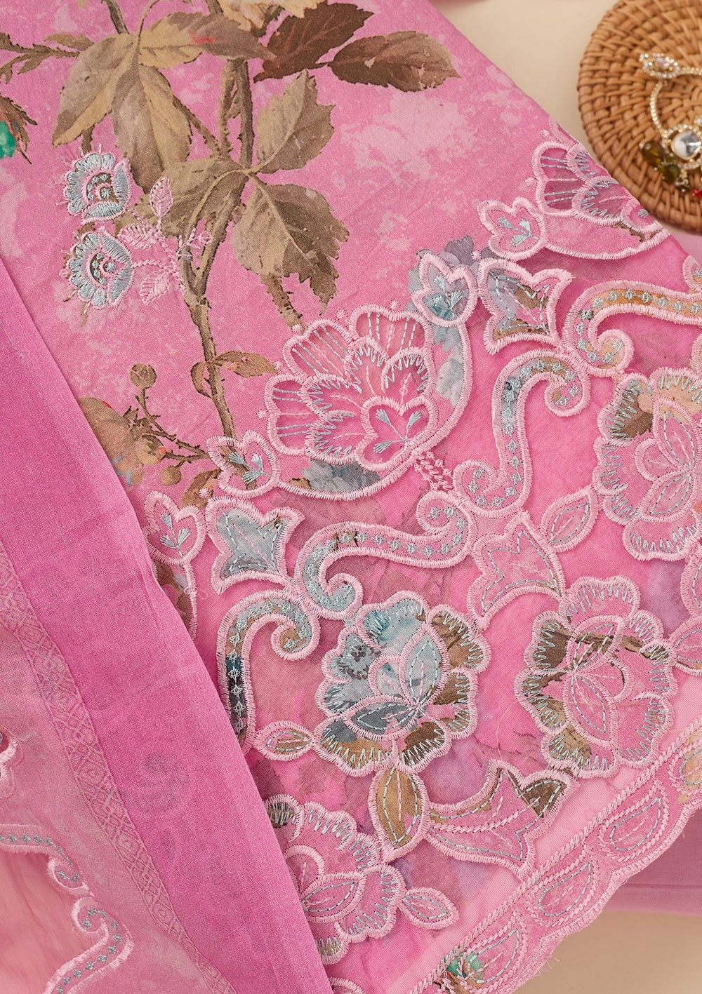 Onion Pink Threadwork Cotton Unstitched Salwar Suit-koskii