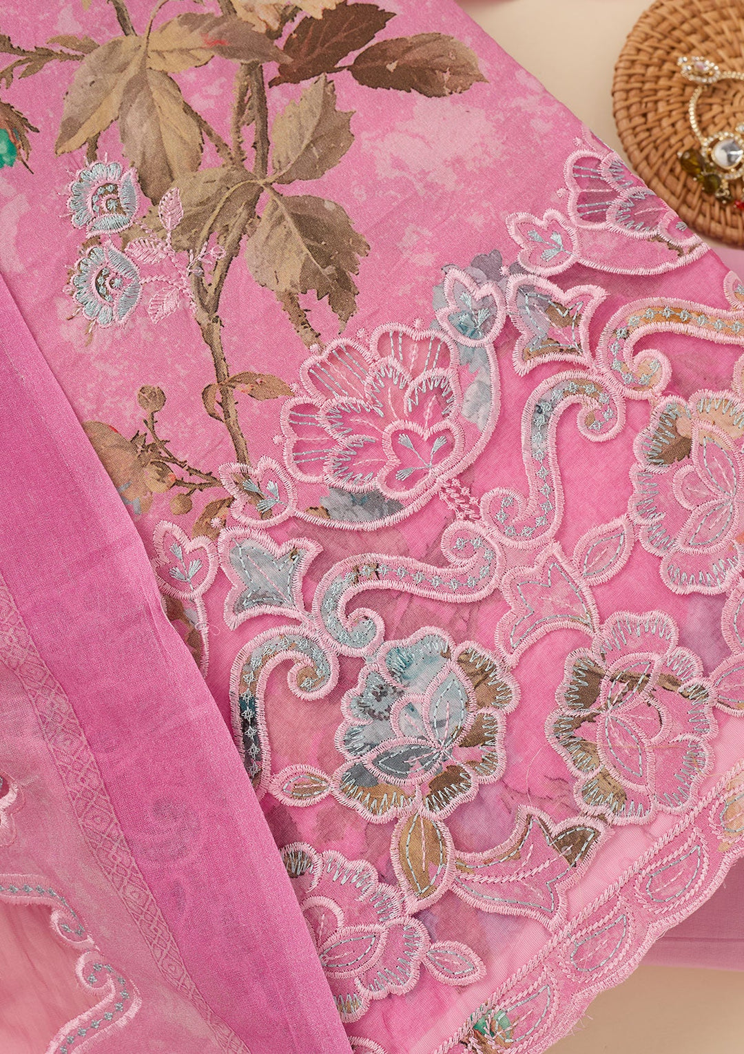 Onion Pink Threadwork Cotton Unstitched Salwar Suit-koskii