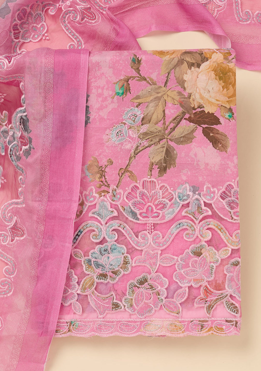 Onion Pink Threadwork Cotton Unstitched Salwar Suit-koskii