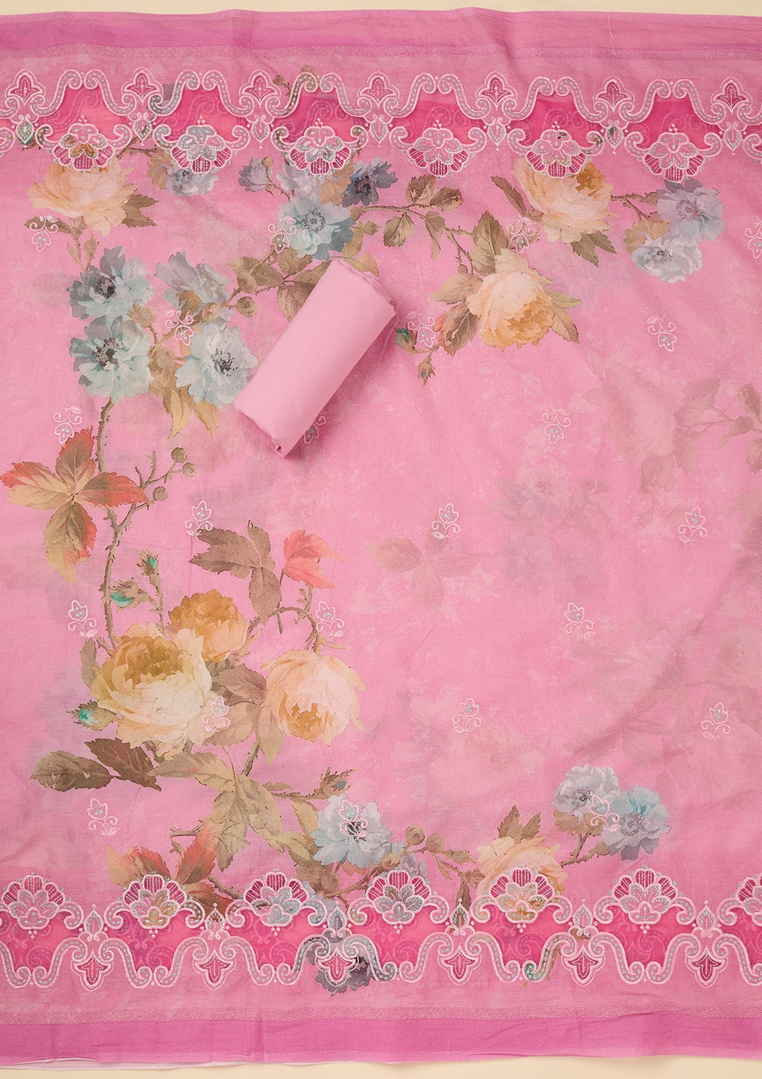 Onion Pink Threadwork Cotton Unstitched Salwar Suit-koskii