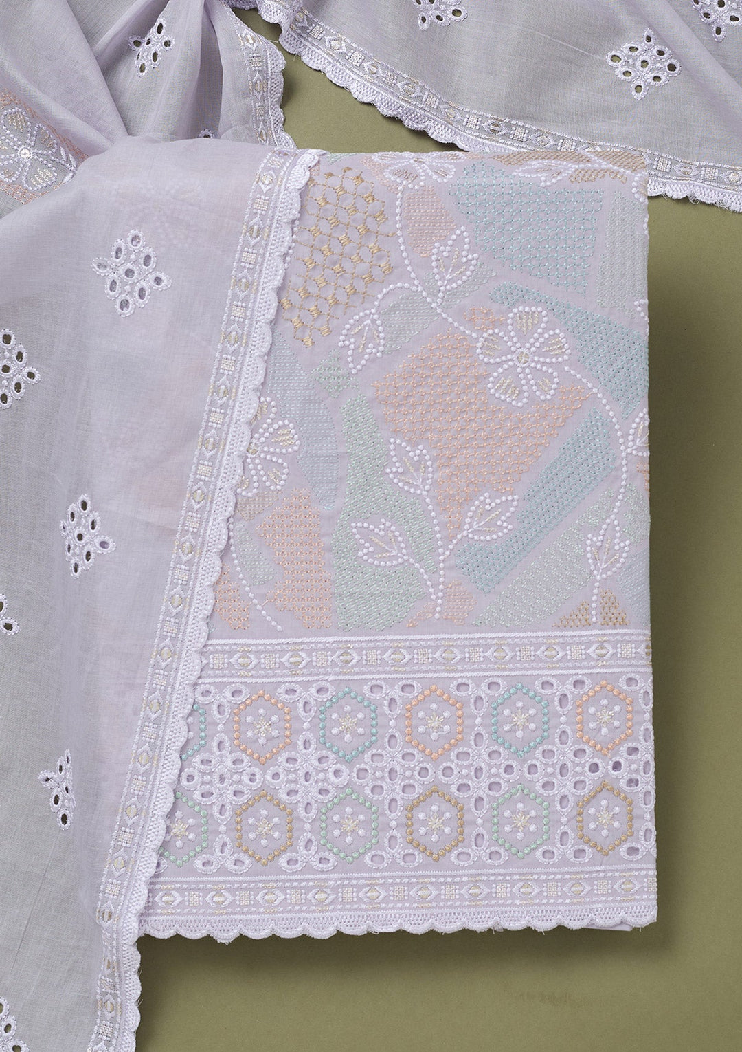 Lavender Threadwork Cotton Unstitched Salwar Suit-koskii