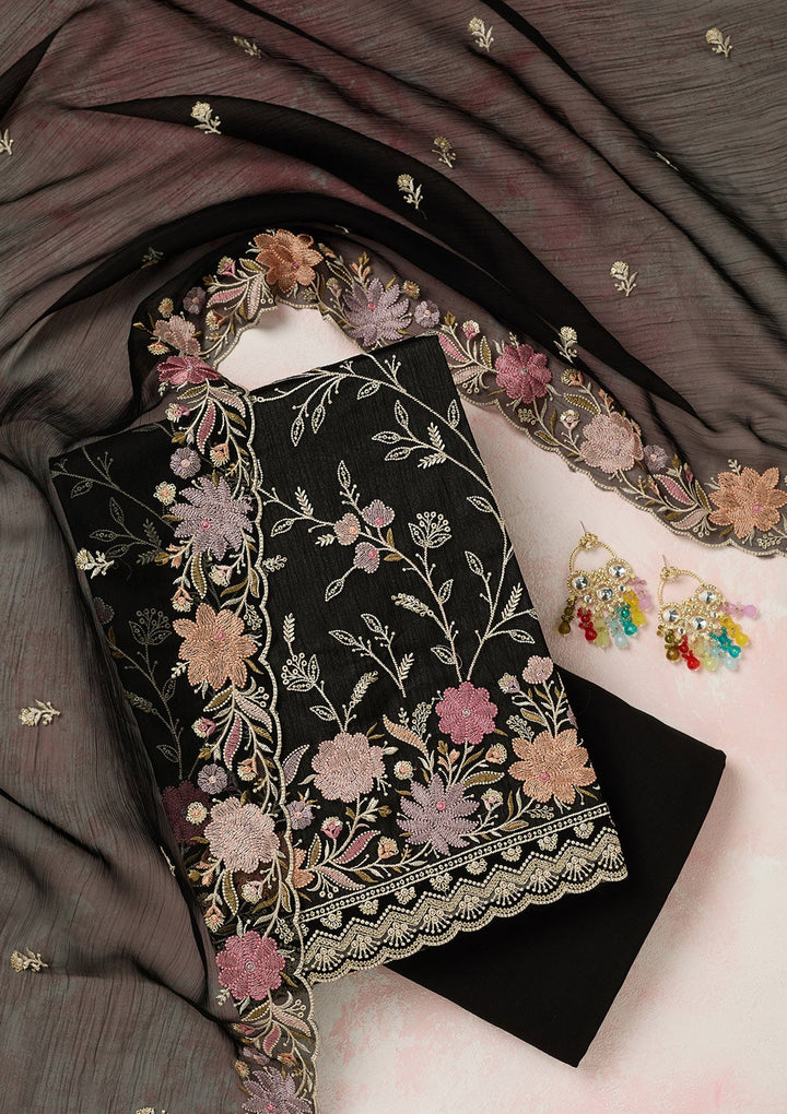 Black Threadwork Georgette Unstitched Salwar Suit-Koskii