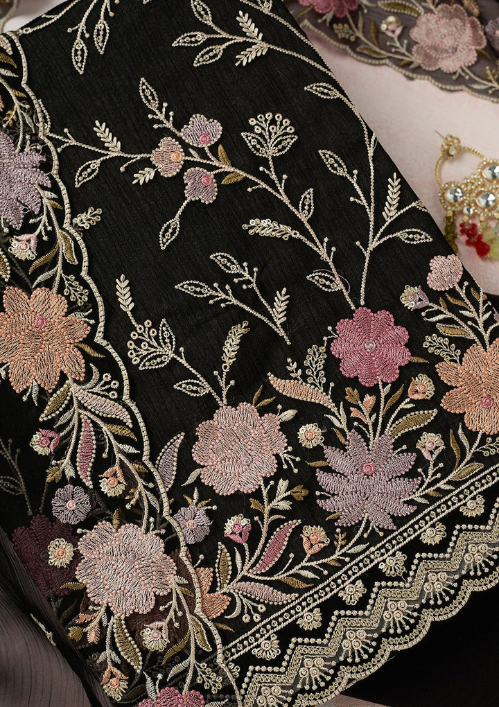 Black Threadwork Georgette Unstitched Salwar Suit-Koskii