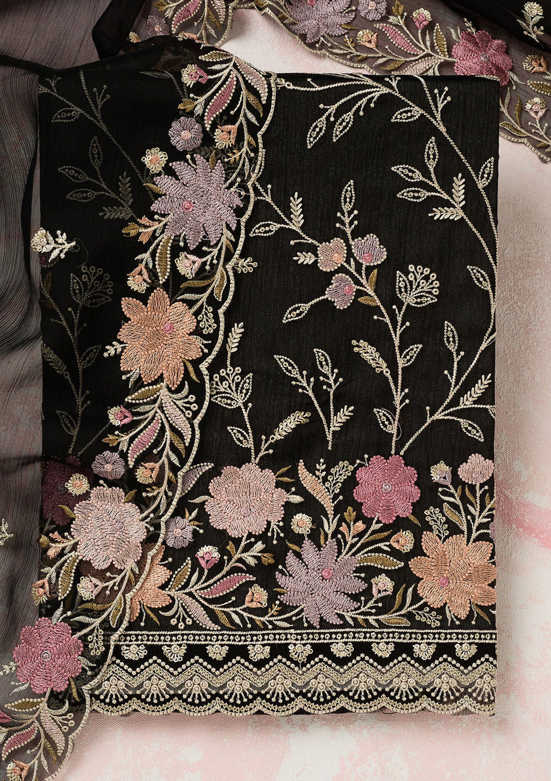 Black Threadwork Georgette Unstitched Salwar Suit-Koskii