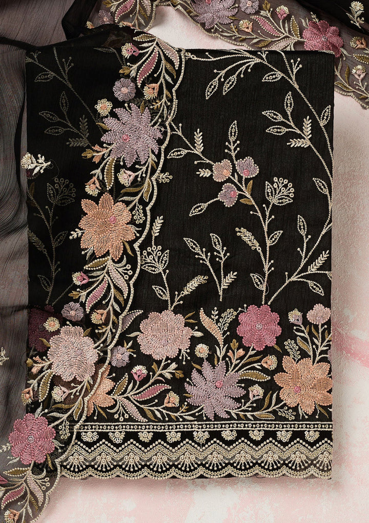 Black Threadwork Georgette Unstitched Salwar Suit-Koskii