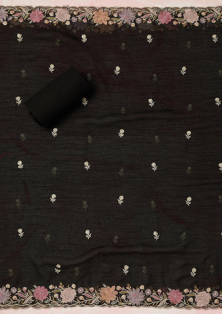 Black Threadwork Georgette Unstitched Salwar Suit-Koskii