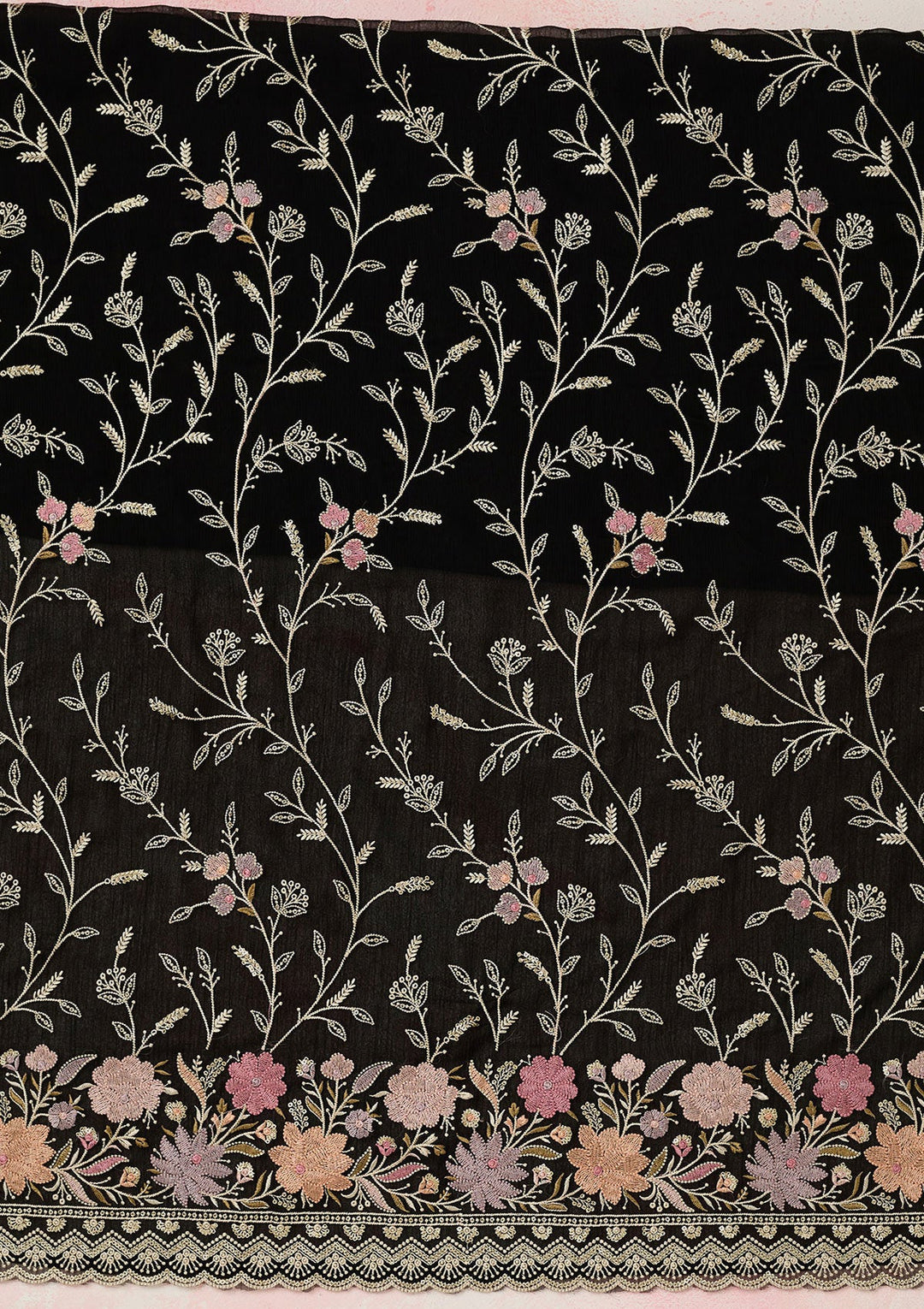 Black Threadwork Georgette Unstitched Salwar Suit-Koskii