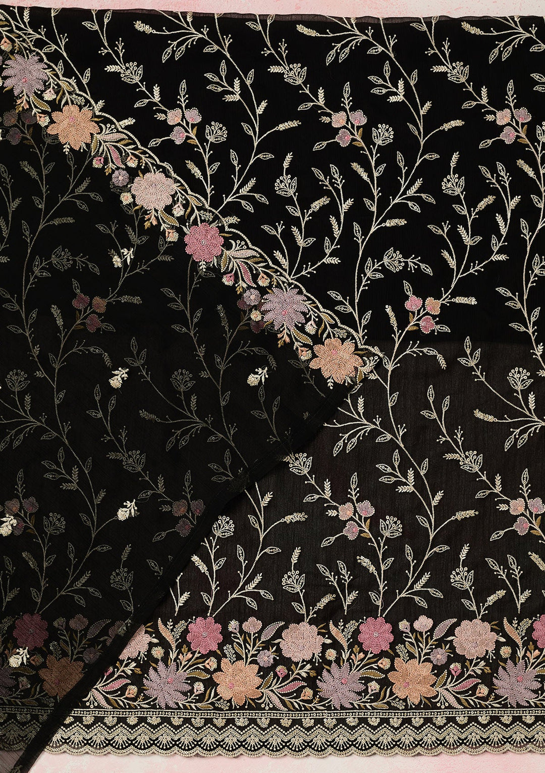 Black Threadwork Georgette Unstitched Salwar Suit-Koskii