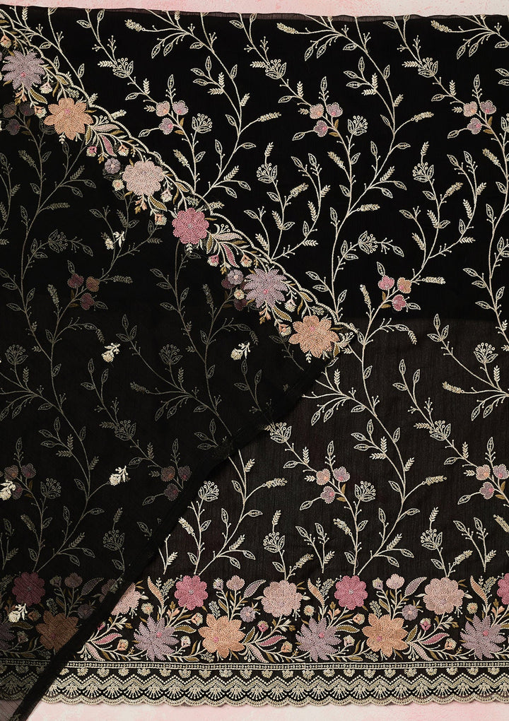 Black Threadwork Georgette Unstitched Salwar Suit-Koskii