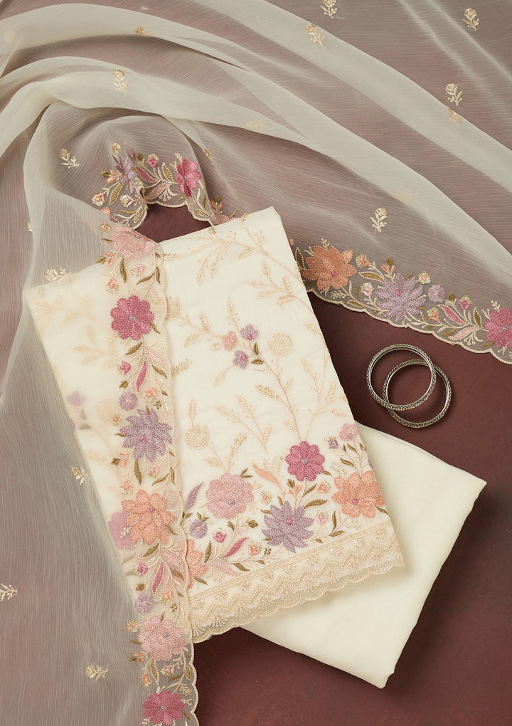 Off White Threadwork Georgette Unstitched Salwar Suit-Koskii