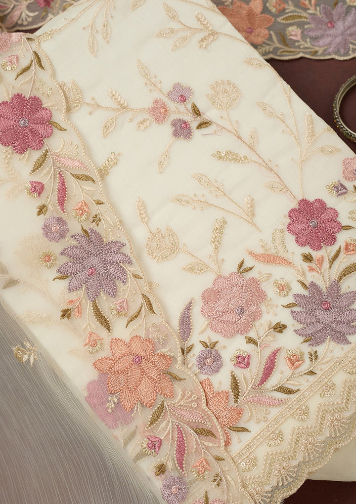 Off White Threadwork Georgette Unstitched Salwar Suit-Koskii