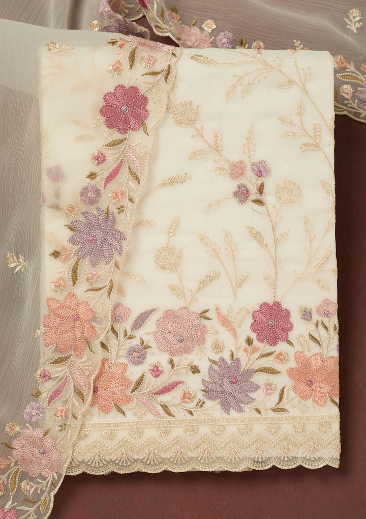 Off White Threadwork Georgette Unstitched Salwar Suit-Koskii