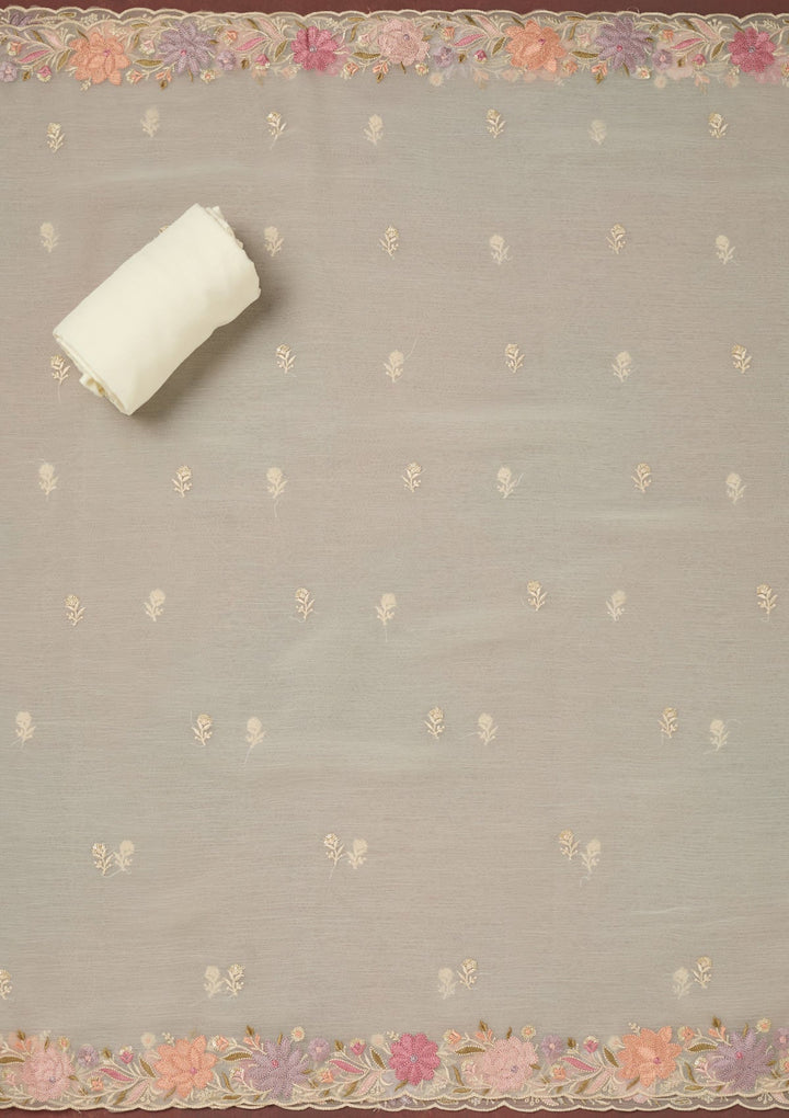 Off White Threadwork Georgette Unstitched Salwar Suit-Koskii