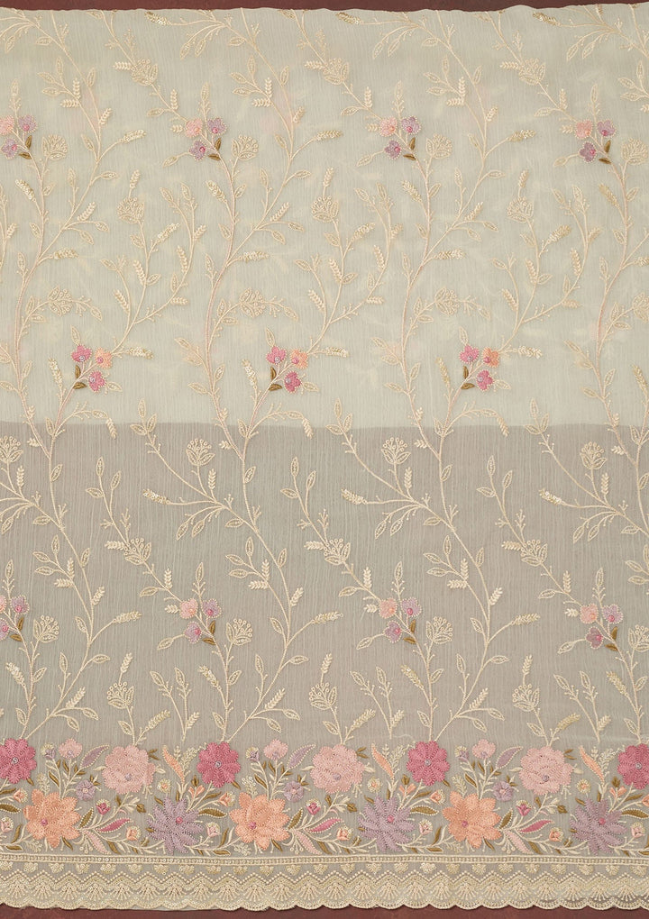 Off White Threadwork Georgette Unstitched Salwar Suit-Koskii